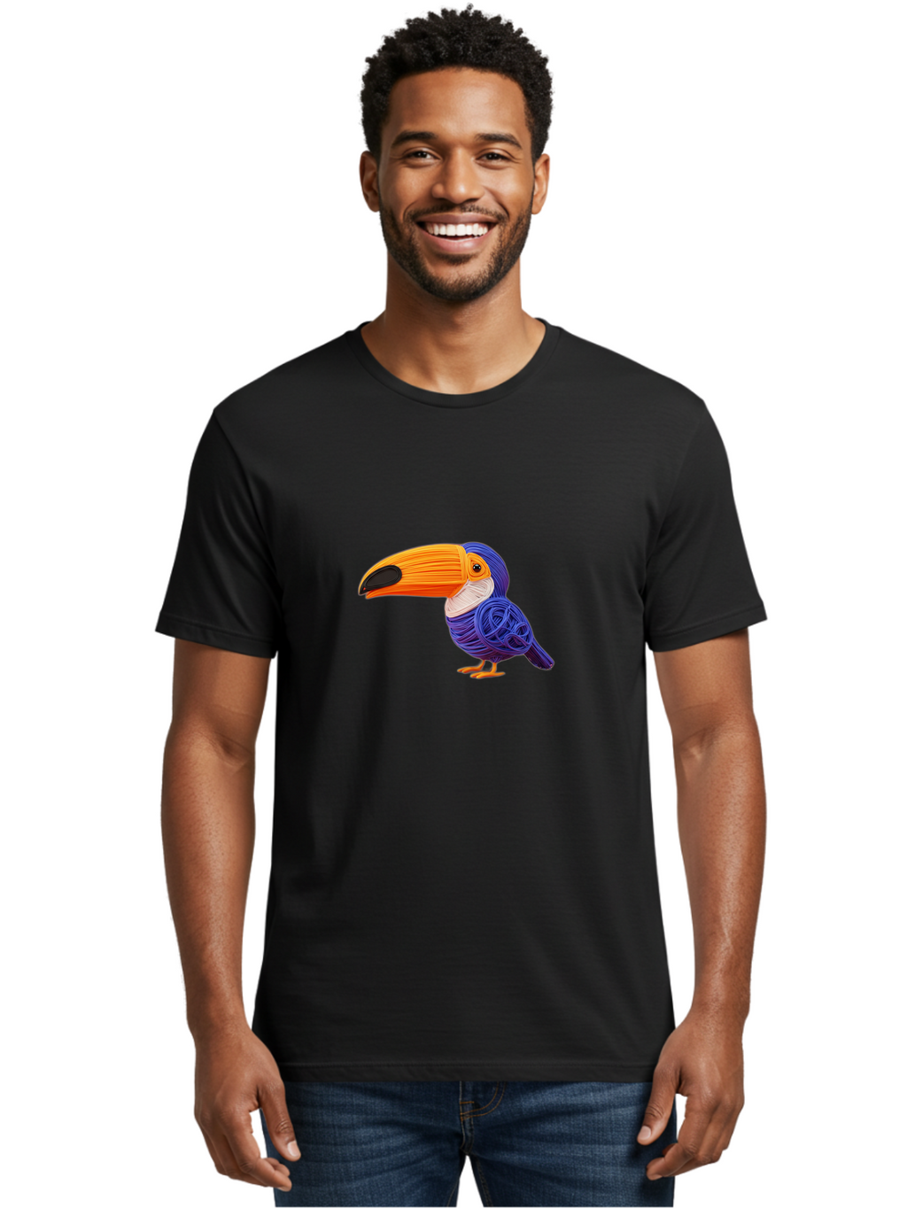Toucan Men'S Graphic Tee, 100% Cotton, Comfortable Casual Summer Wear, Machine Washable, Toucan Bird, Colorful Illustration, Vibrant Plumage, Large Beak, Tropical Bird, Orange Beak, Blue Feathers, Yellow Feet, Digital Art, Creative Design Bab541