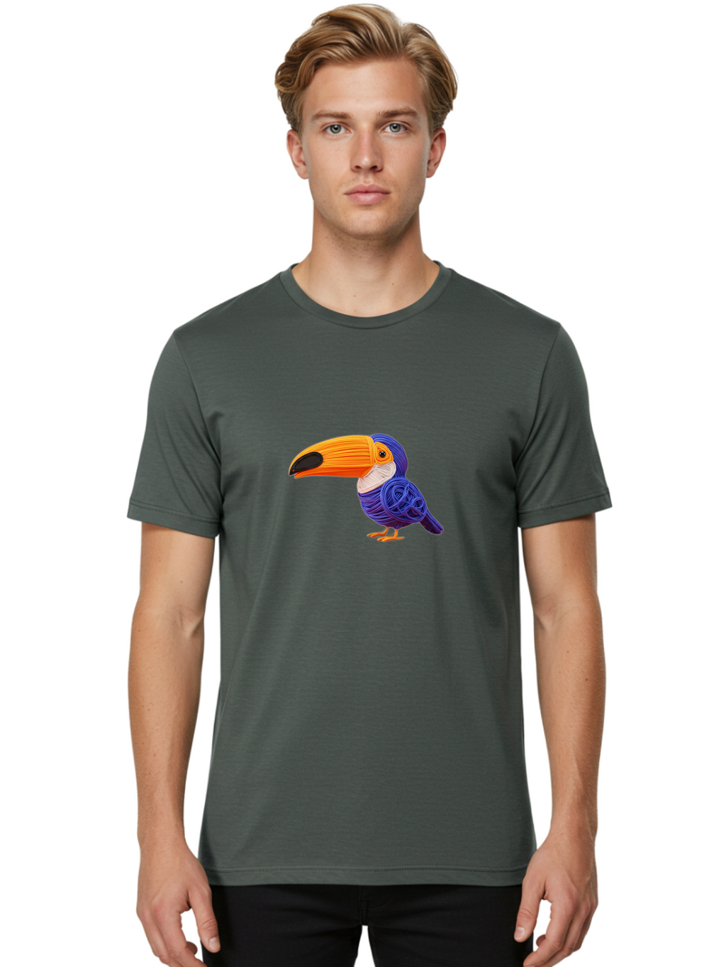 Toucan Men'S Graphic Tee, 100% Cotton, Comfortable Casual Summer Wear, Machine Washable, Toucan Bird, Colorful Illustration, Vibrant Plumage, Large Beak, Tropical Bird, Orange Beak, Blue Feathers, Yellow Feet, Digital Art, Creative Design Bab541
