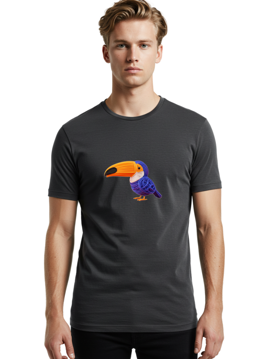 Toucan Men'S Graphic Tee, 100% Cotton, Comfortable Casual Summer Wear, Machine Washable, Toucan Bird, Colorful Illustration, Vibrant Plumage, Large Beak, Tropical Bird, Orange Beak, Blue Feathers, Yellow Feet, Digital Art, Creative Design Bab541