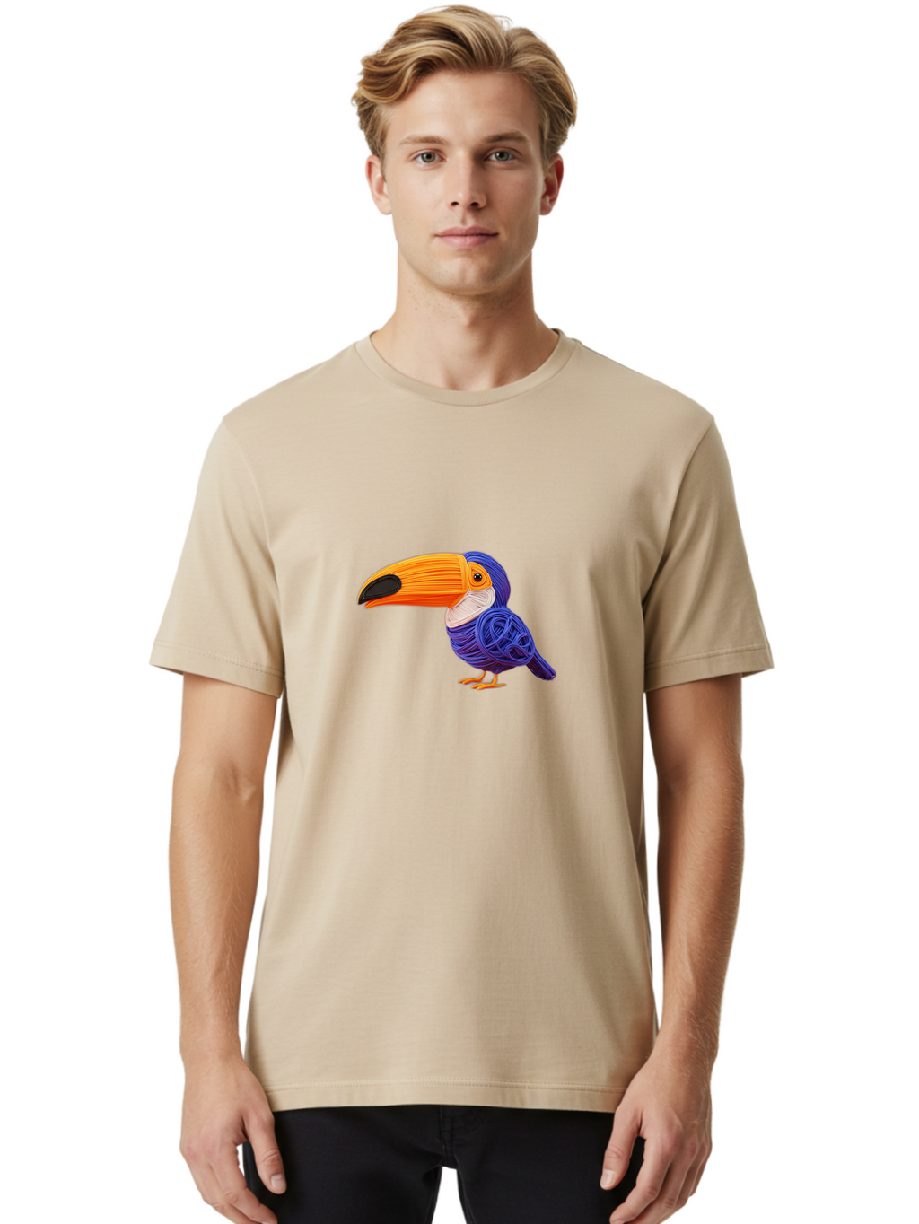 Toucan Men'S Graphic Tee, 100% Cotton, Comfortable Casual Summer Wear, Machine Washable, Toucan Bird, Colorful Illustration, Vibrant Plumage, Large Beak, Tropical Bird, Orange Beak, Blue Feathers, Yellow Feet, Digital Art, Creative Design Bab541