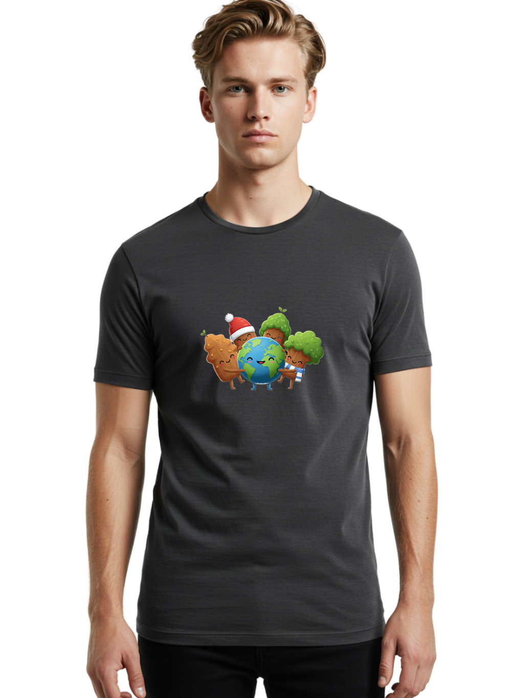 Tree-Characters-Hugging-Earth Men'S Graphic Tee, 100% Cotton, Comfortable Casual Summer Wear, Machine Washable, Cartoon Trees Hugging Earth, Environmental Conservation, Eco-Friendly, Sustainable Living, Protecting Planet, Tree Huggers, Bab544