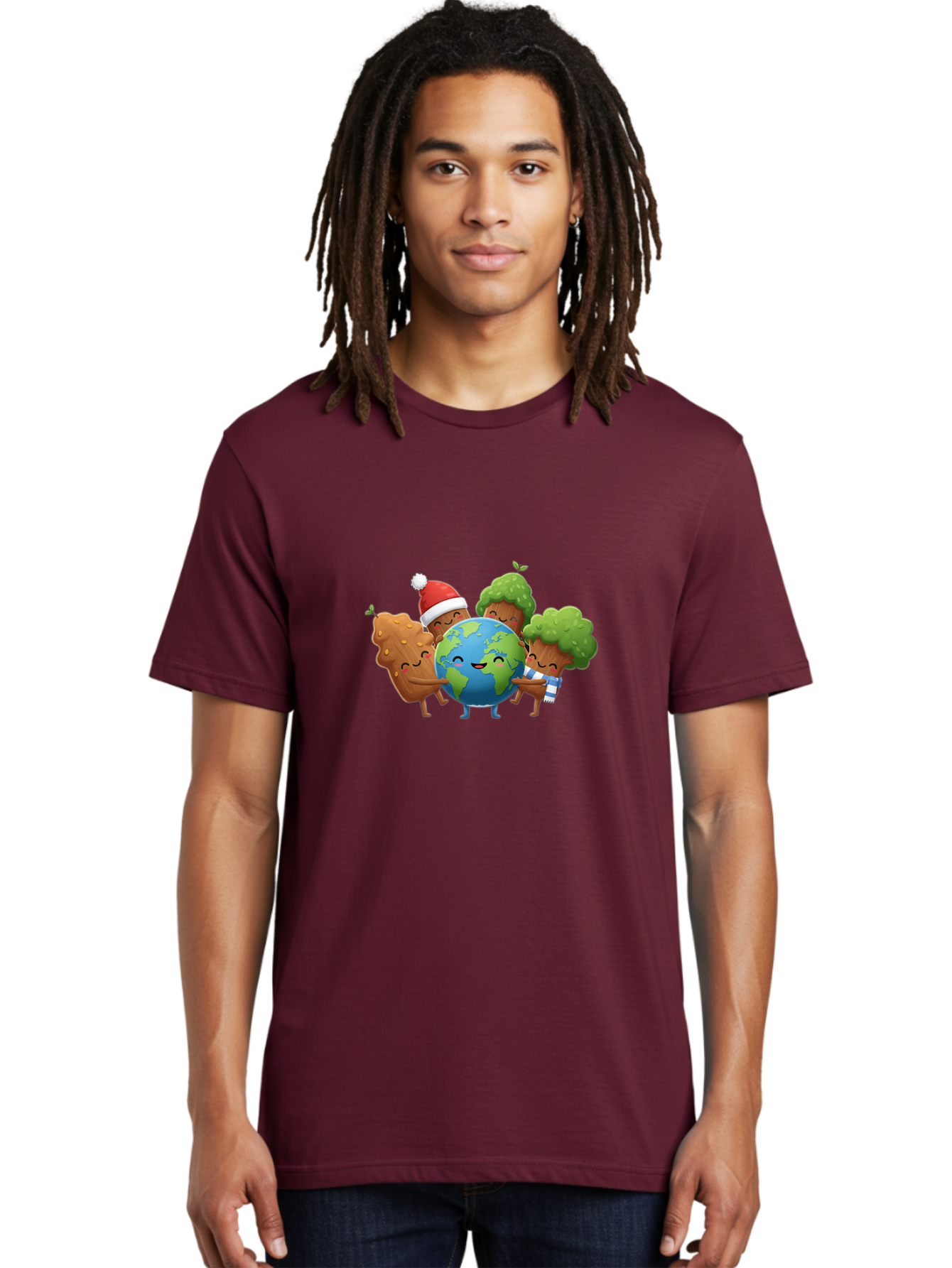 Tree-Characters-Hugging-Earth Men'S Graphic Tee, 100% Cotton, Comfortable Casual Summer Wear, Machine Washable, Cartoon Trees Hugging Earth, Environmental Conservation, Eco-Friendly, Sustainable Living, Protecting Planet, Tree Huggers, Bab544
