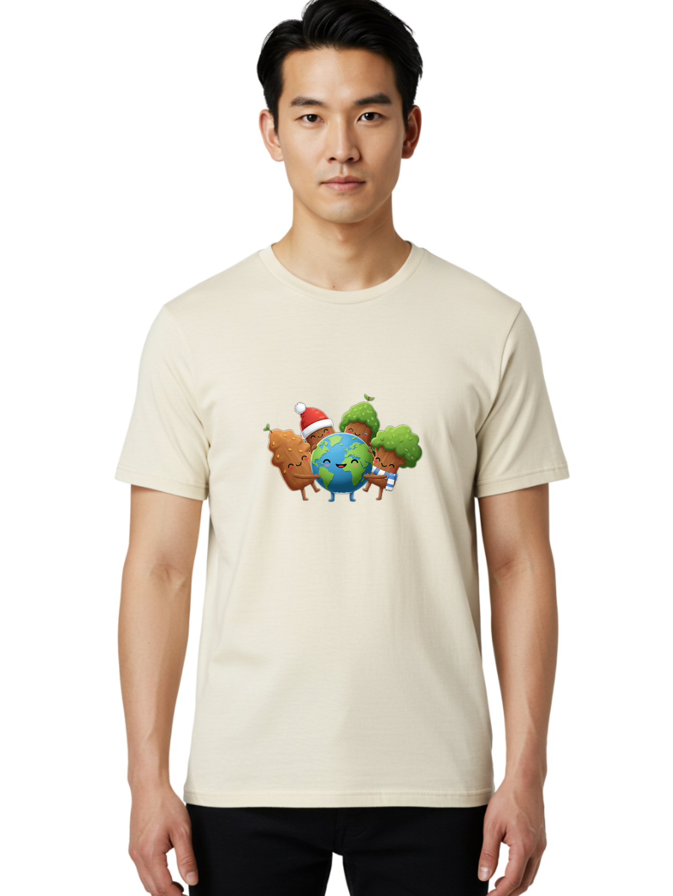 Tree-Characters-Hugging-Earth Men'S Graphic Tee, 100% Cotton, Comfortable Casual Summer Wear, Machine Washable, Cartoon Trees Hugging Earth, Environmental Conservation, Eco-Friendly, Sustainable Living, Protecting Planet, Tree Huggers, Bab544