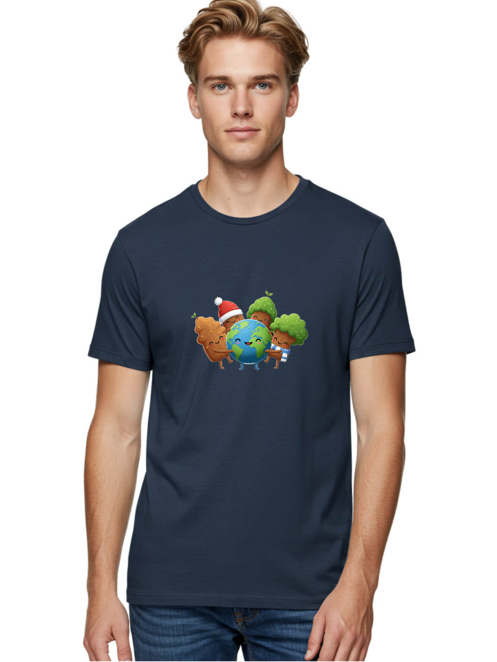 Tree-Characters-Hugging-Earth Men'S Graphic Tee, 100% Cotton, Comfortable Casual Summer Wear, Machine Washable, Cartoon Trees Hugging Earth, Environmental Conservation, Eco-Friendly, Sustainable Living, Protecting Planet, Tree Huggers, Bab544