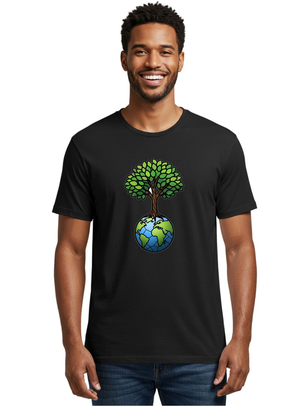 Tree-Growing-On-Globe Men'S Graphic Tee, 100% Cotton, Comfortable Casual Summer Wear, Machine Washable, Tree Growing From The Earth, Eco-Friendly Symbol, Environmental Conservation, Sustainable Living, Global Unity, Nature Preservation, Bab545
