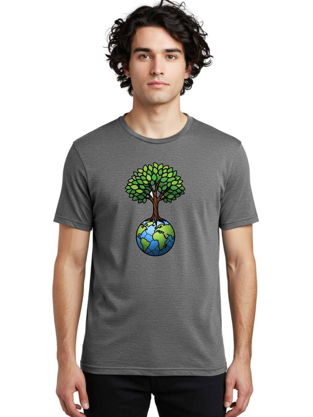 Tree-Growing-On-Globe Men'S Graphic Tee, 100% Cotton, Comfortable Casual Summer Wear, Machine Washable, Tree Growing From The Earth, Eco-Friendly Symbol, Environmental Conservation, Sustainable Living, Global Unity, Nature Preservation, Bab545