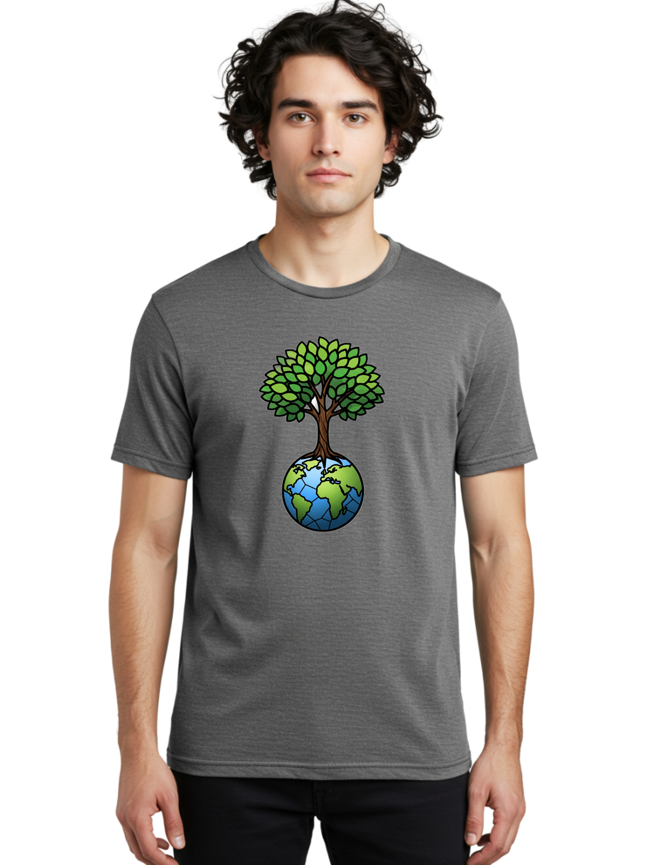 Tree-Growing-On-Globe Men'S Graphic Tee, 100% Cotton, Comfortable Casual Summer Wear, Machine Washable, Tree Growing From The Earth, Eco-Friendly Symbol, Environmental Conservation, Sustainable Living, Global Unity, Nature Preservation, Bab545