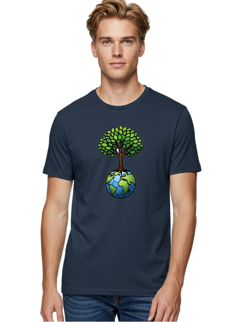 Tree-Growing-On-Globe Men'S Graphic Tee, 100% Cotton, Comfortable Casual Summer Wear, Machine Washable, Tree Growing From The Earth, Eco-Friendly Symbol, Environmental Conservation, Sustainable Living, Global Unity, Nature Preservation, Bab545
