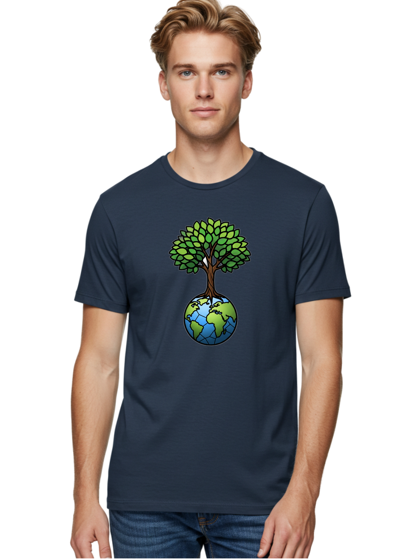 Tree-Growing-On-Globe Men'S Graphic Tee, 100% Cotton, Comfortable Casual Summer Wear, Machine Washable, Tree Growing From The Earth, Eco-Friendly Symbol, Environmental Conservation, Sustainable Living, Global Unity, Nature Preservation, Bab545