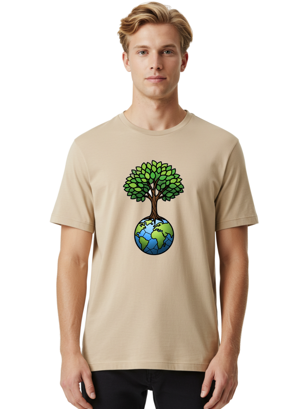 Tree-Growing-On-Globe Men'S Graphic Tee, 100% Cotton, Comfortable Casual Summer Wear, Machine Washable, Tree Growing From The Earth, Eco-Friendly Symbol, Environmental Conservation, Sustainable Living, Global Unity, Nature Preservation, Bab545