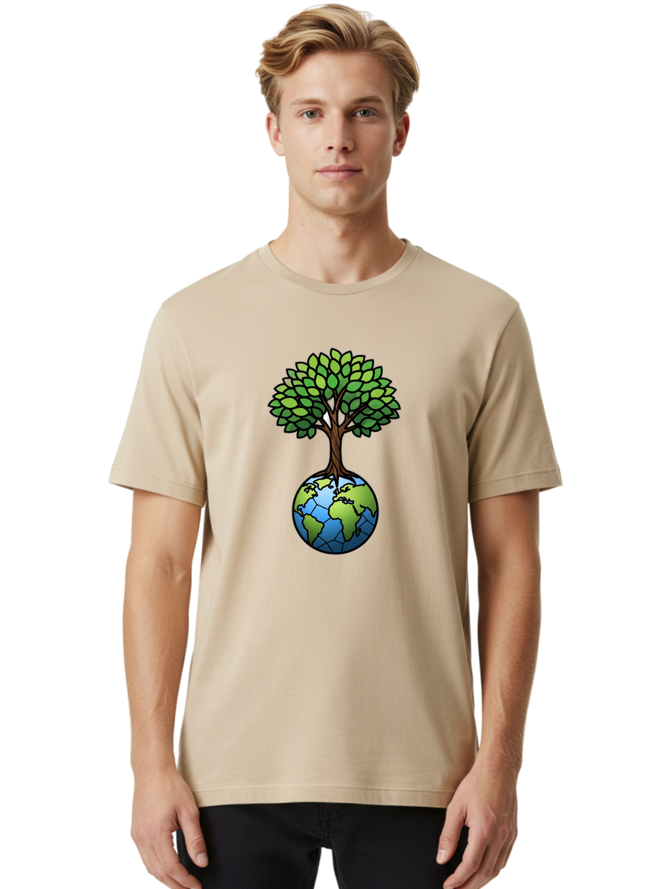 Tree-Growing-On-Globe Men'S Graphic Tee, 100% Cotton, Comfortable Casual Summer Wear, Machine Washable, Tree Growing From The Earth, Eco-Friendly Symbol, Environmental Conservation, Sustainable Living, Global Unity, Nature Preservation, Bab545