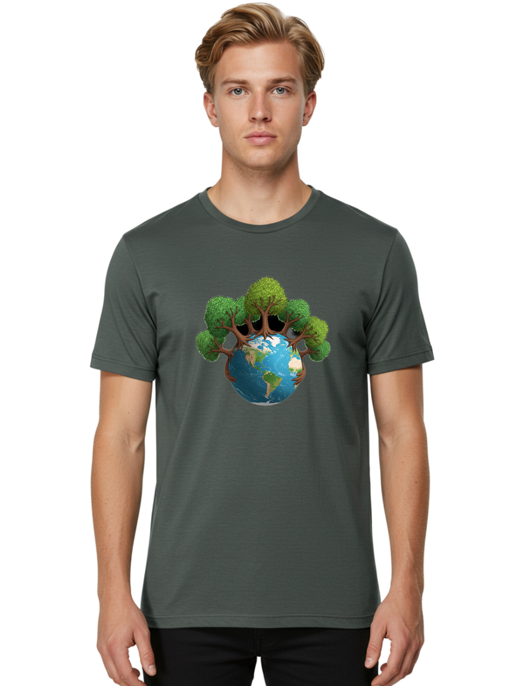 Tree-Hugging-Earth Men'S Graphic Tee, 100% Cotton, Comfortable Casual Summer Wear, Machine Washable, Earth With Trees, Global Conservation, Environmental Protection, Eco Friendly, Nature Preservation, Sustainable Living, Green Initiatives, Bab546