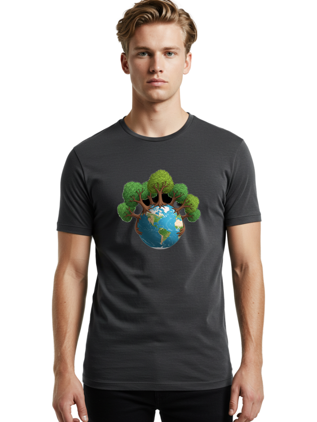 Tree-Hugging-Earth Men'S Graphic Tee, 100% Cotton, Comfortable Casual Summer Wear, Machine Washable, Earth With Trees, Global Conservation, Environmental Protection, Eco Friendly, Nature Preservation, Sustainable Living, Green Initiatives, Bab546