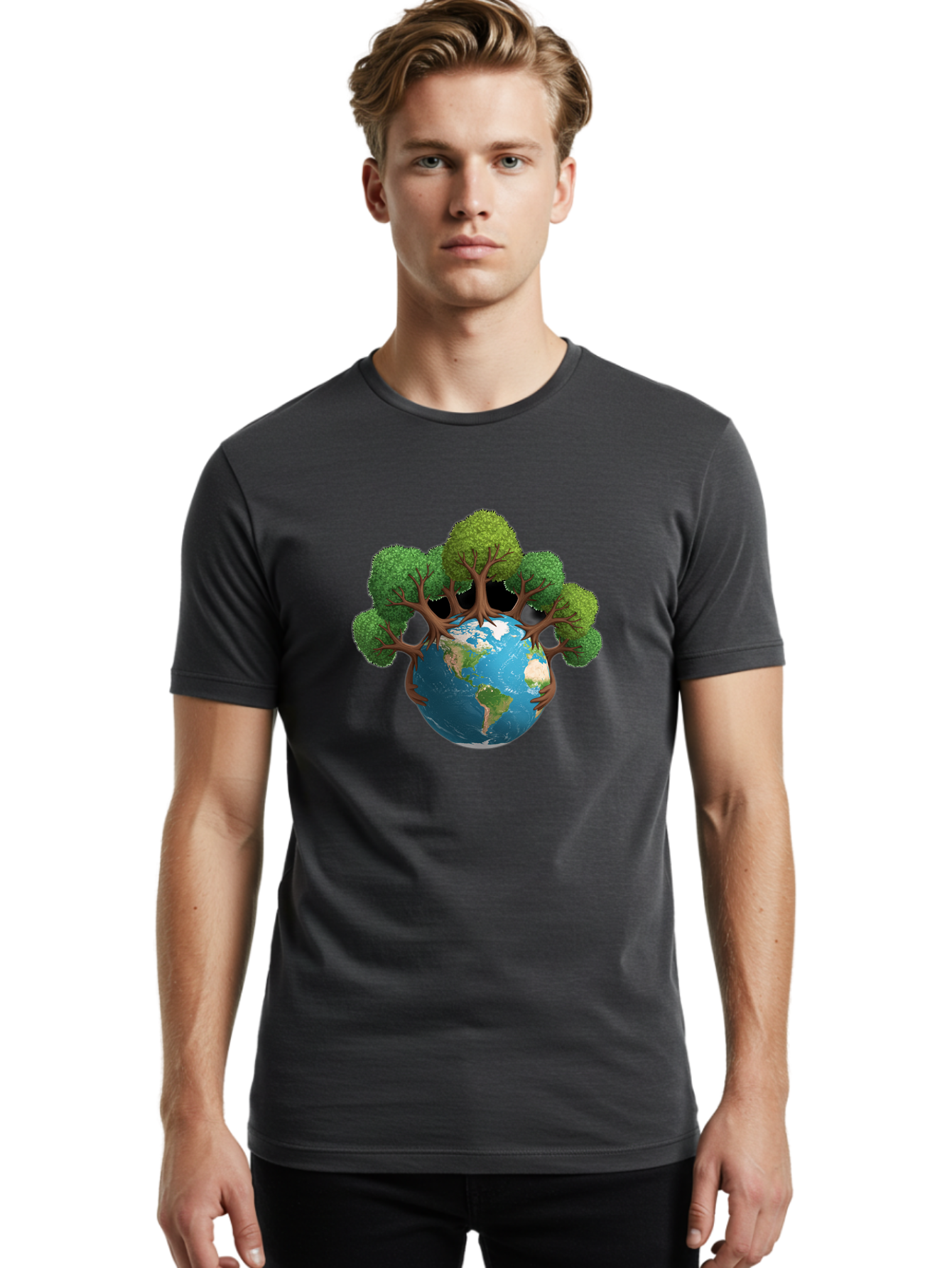 Tree-Hugging-Earth Men'S Graphic Tee, 100% Cotton, Comfortable Casual Summer Wear, Machine Washable, Earth With Trees, Global Conservation, Environmental Protection, Eco Friendly, Nature Preservation, Sustainable Living, Green Initiatives, Bab546
