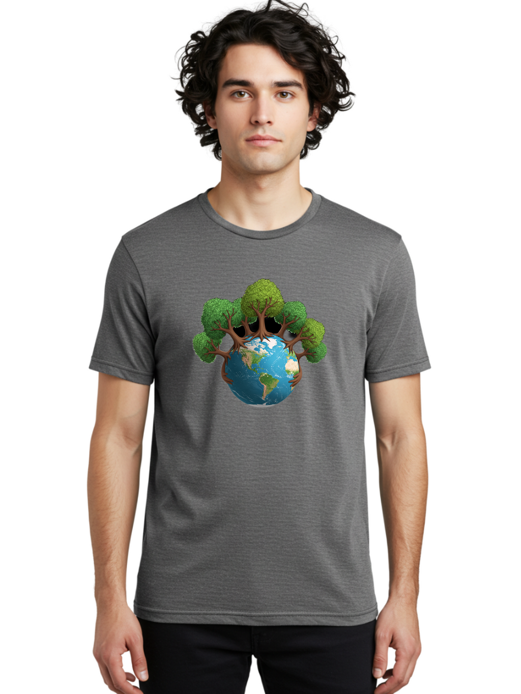 Tree-Hugging-Earth Men'S Graphic Tee, 100% Cotton, Comfortable Casual Summer Wear, Machine Washable, Earth With Trees, Global Conservation, Environmental Protection, Eco Friendly, Nature Preservation, Sustainable Living, Green Initiatives, Bab546