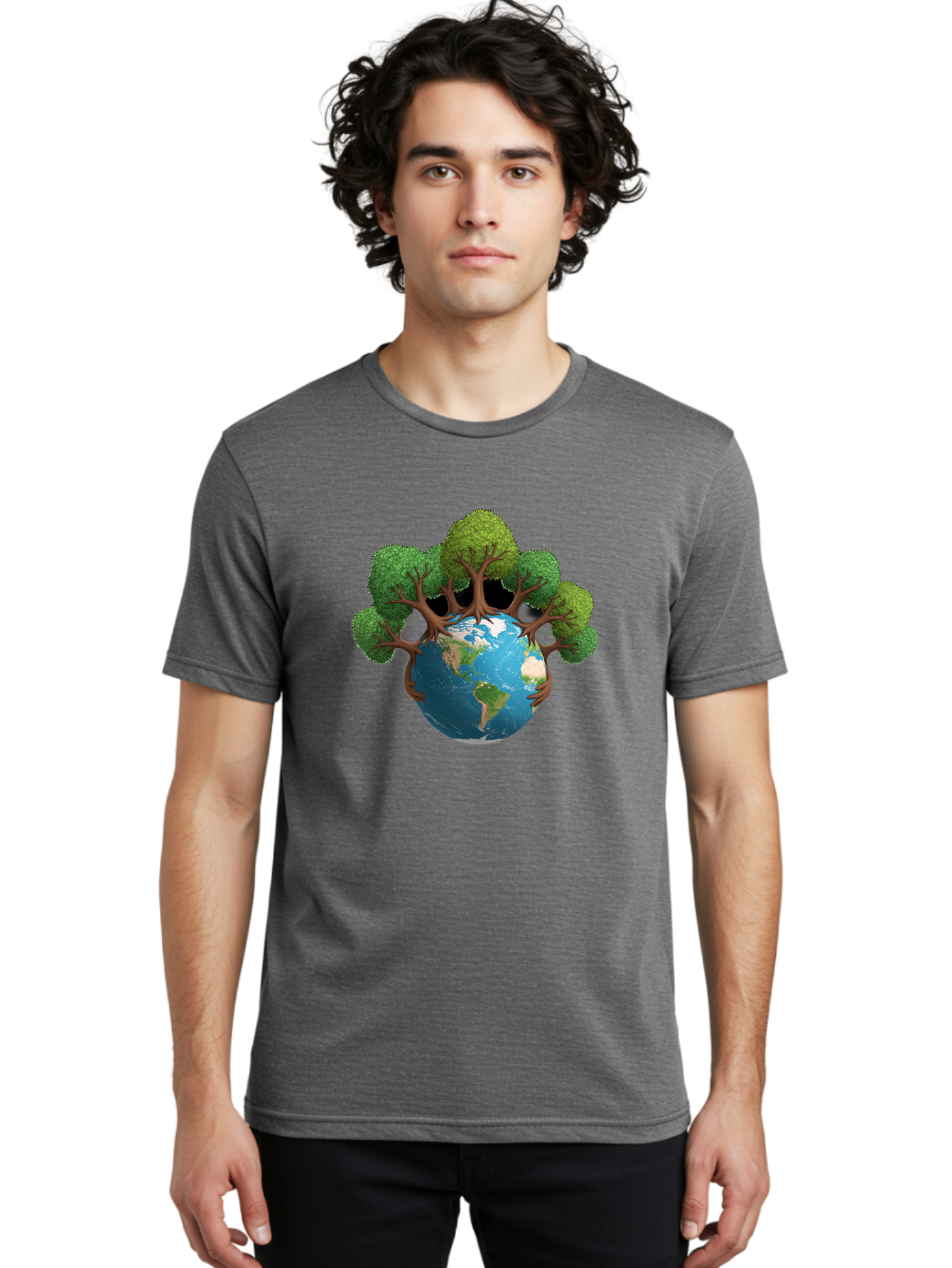 Tree-Hugging-Earth Men'S Graphic Tee, 100% Cotton, Comfortable Casual Summer Wear, Machine Washable, Earth With Trees, Global Conservation, Environmental Protection, Eco Friendly, Nature Preservation, Sustainable Living, Green Initiatives, Bab546