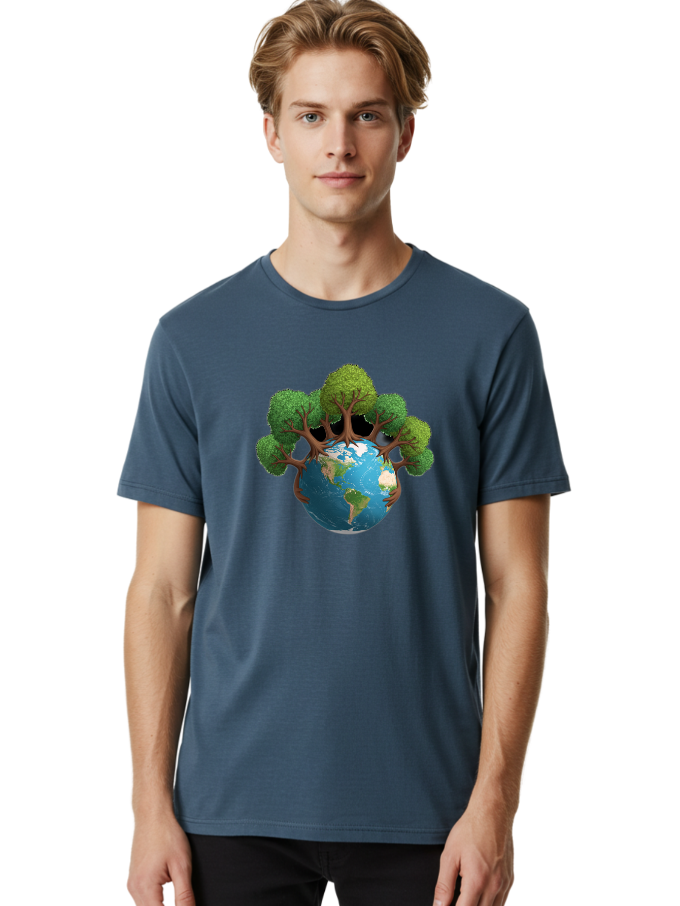 Tree-Hugging-Earth Men'S Graphic Tee, 100% Cotton, Comfortable Casual Summer Wear, Machine Washable, Earth With Trees, Global Conservation, Environmental Protection, Eco Friendly, Nature Preservation, Sustainable Living, Green Initiatives, Bab546