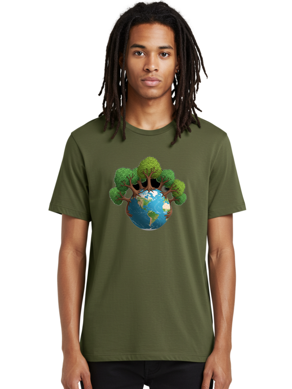 Tree-Hugging-Earth Men'S Graphic Tee, 100% Cotton, Comfortable Casual Summer Wear, Machine Washable, Earth With Trees, Global Conservation, Environmental Protection, Eco Friendly, Nature Preservation, Sustainable Living, Green Initiatives, Bab546