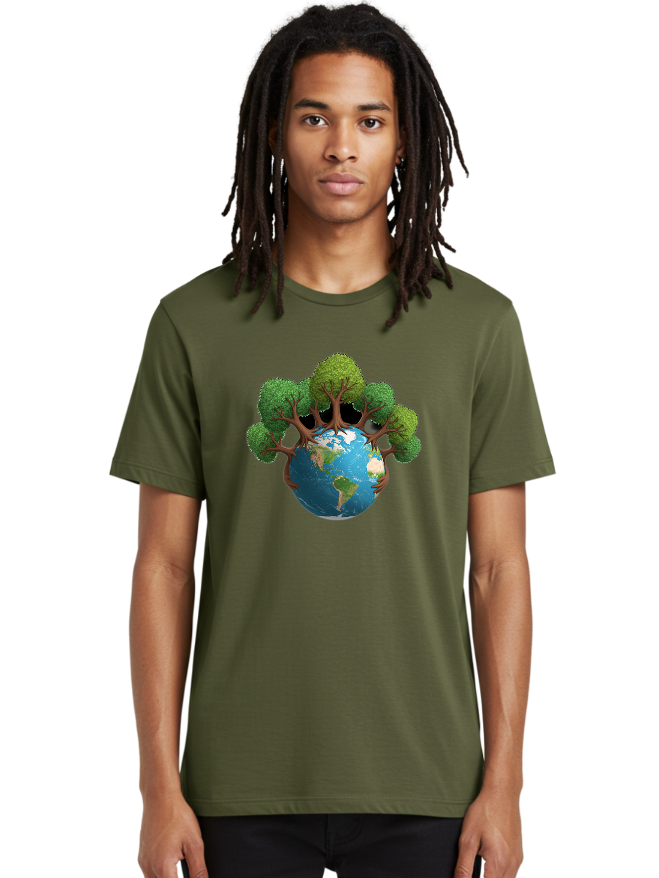 Tree-Hugging-Earth Men'S Graphic Tee, 100% Cotton, Comfortable Casual Summer Wear, Machine Washable, Earth With Trees, Global Conservation, Environmental Protection, Eco Friendly, Nature Preservation, Sustainable Living, Green Initiatives, Bab546