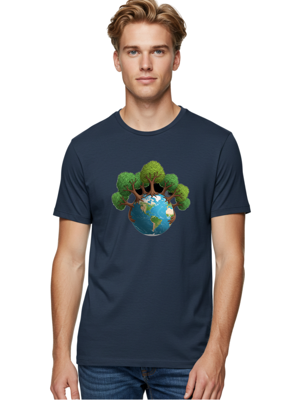 Tree-Hugging-Earth Men'S Graphic Tee, 100% Cotton, Comfortable Casual Summer Wear, Machine Washable, Earth With Trees, Global Conservation, Environmental Protection, Eco Friendly, Nature Preservation, Sustainable Living, Green Initiatives, Bab546
