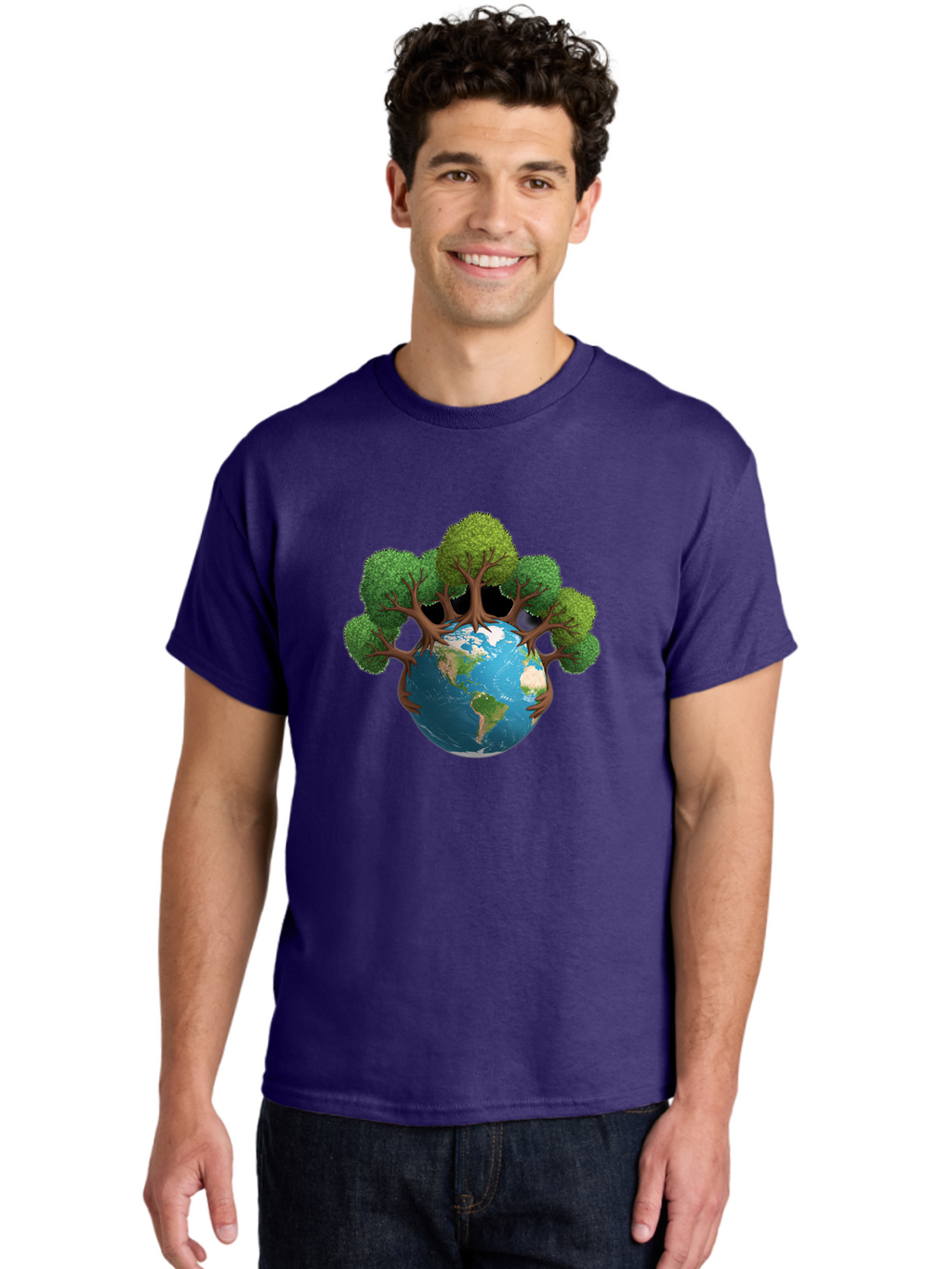 Tree-Hugging-Earth Men'S Graphic Tee, 100% Cotton, Comfortable Casual Summer Wear, Machine Washable, Earth With Trees, Global Conservation, Environmental Protection, Eco Friendly, Nature Preservation, Sustainable Living, Green Initiatives, Bab546