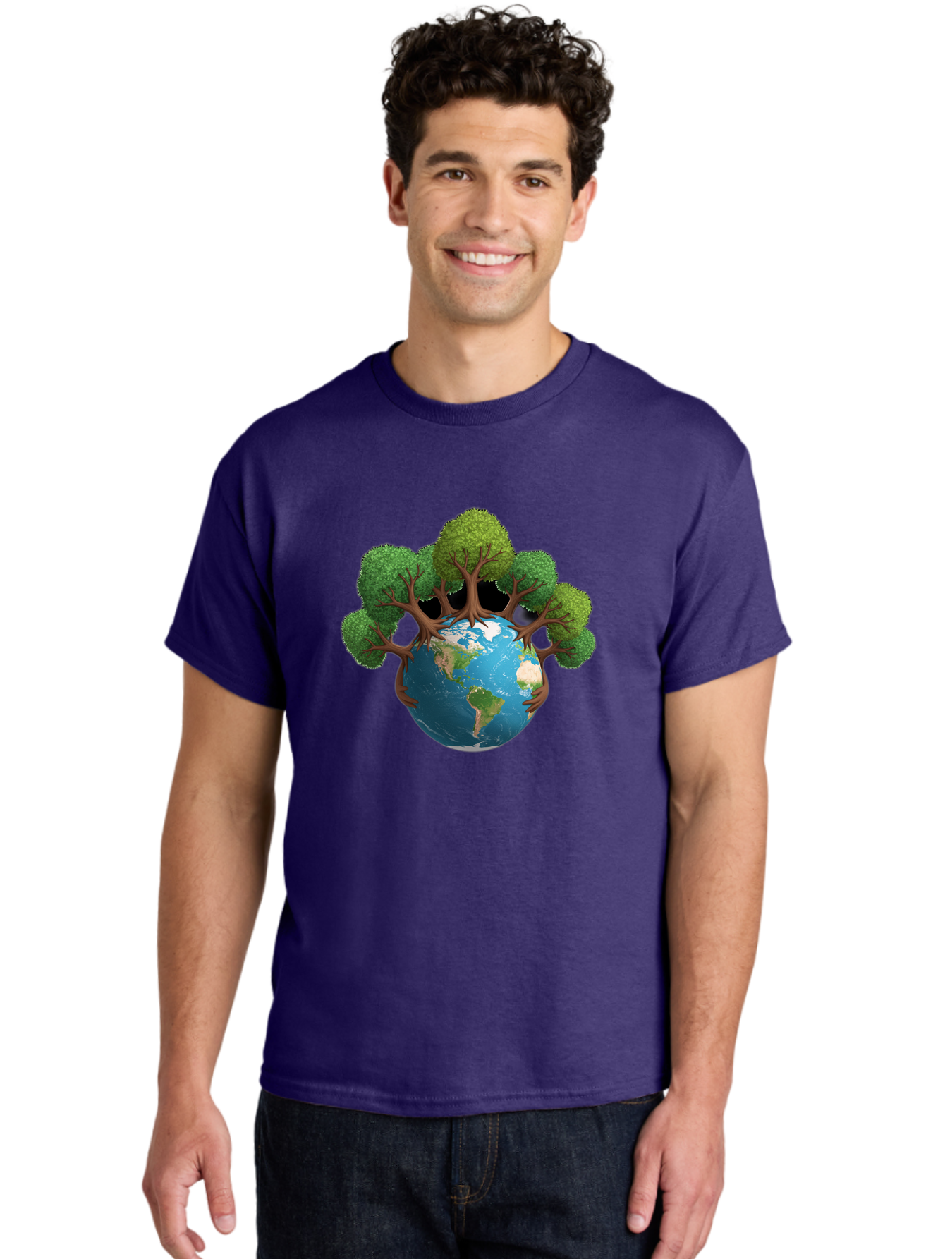 Tree-Hugging-Earth Men'S Graphic Tee, 100% Cotton, Comfortable Casual Summer Wear, Machine Washable, Earth With Trees, Global Conservation, Environmental Protection, Eco Friendly, Nature Preservation, Sustainable Living, Green Initiatives, Bab546
