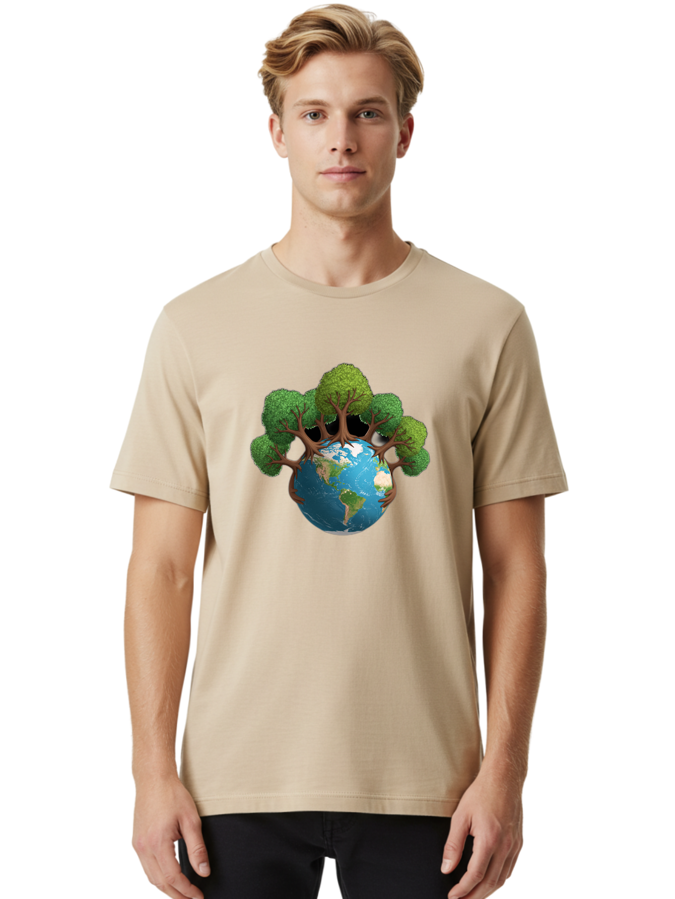 Tree-Hugging-Earth Men'S Graphic Tee, 100% Cotton, Comfortable Casual Summer Wear, Machine Washable, Earth With Trees, Global Conservation, Environmental Protection, Eco Friendly, Nature Preservation, Sustainable Living, Green Initiatives, Bab546