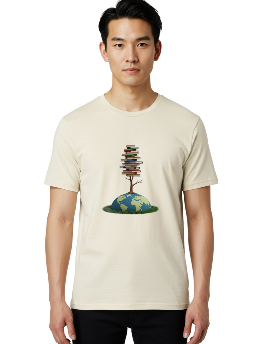 Tree-Of-Knowledge Men'S Graphic Tee, 100% Cotton, Comfortable Casual Summer Wear, Machine Washable, Globe With Tree, Stacked Books, Global Knowledge, Education Worldwide, Literary Diversity, World Unity, Intellectual Growth, Tree Of Knowledge Bab547
