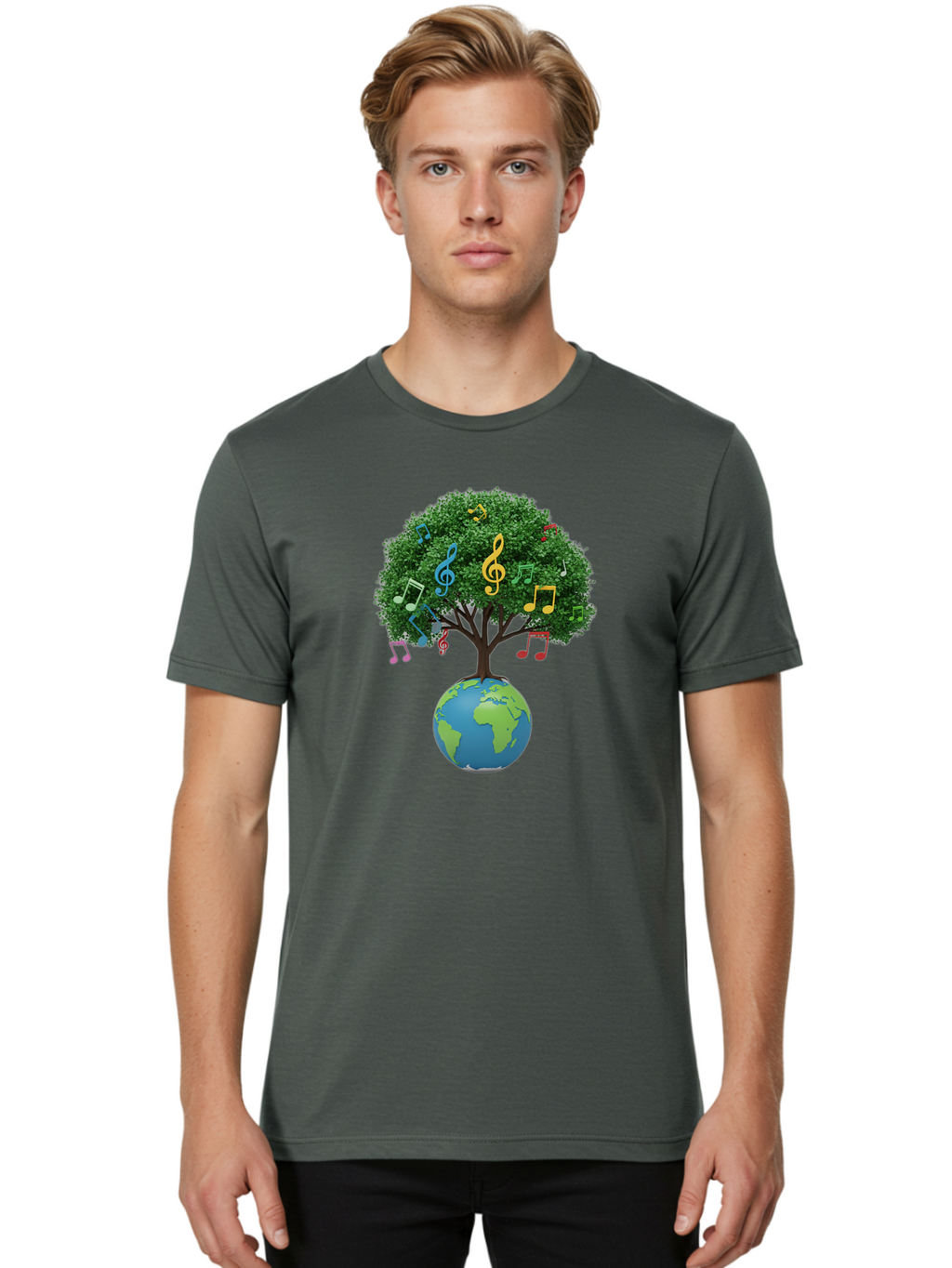 Tree-Of-Music Men'S Graphic Tee, 100% Cotton, Comfortable Casual Summer Wear, Machine Washable, Tree Growing Out Of The Earth, Global Unity, Music Notes, Treble Clefs, Harmony, World Music, Cultural Diversity, Environmentalism, Bab548