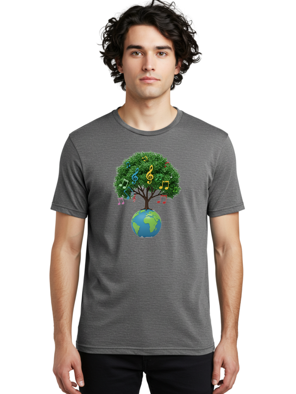 Tree-Of-Music Men'S Graphic Tee, 100% Cotton, Comfortable Casual Summer Wear, Machine Washable, Tree Growing Out Of The Earth, Global Unity, Music Notes, Treble Clefs, Harmony, World Music, Cultural Diversity, Environmentalism, Bab548