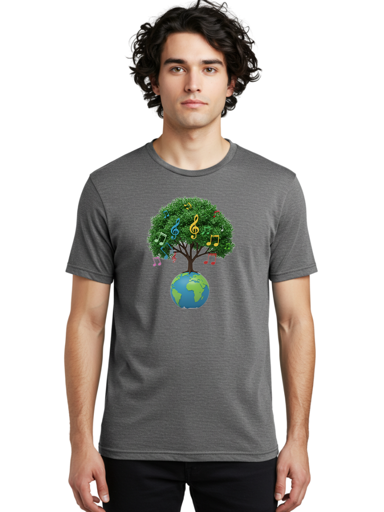 Tree-Of-Music Men'S Graphic Tee, 100% Cotton, Comfortable Casual Summer Wear, Machine Washable, Tree Growing Out Of The Earth, Global Unity, Music Notes, Treble Clefs, Harmony, World Music, Cultural Diversity, Environmentalism, Bab548