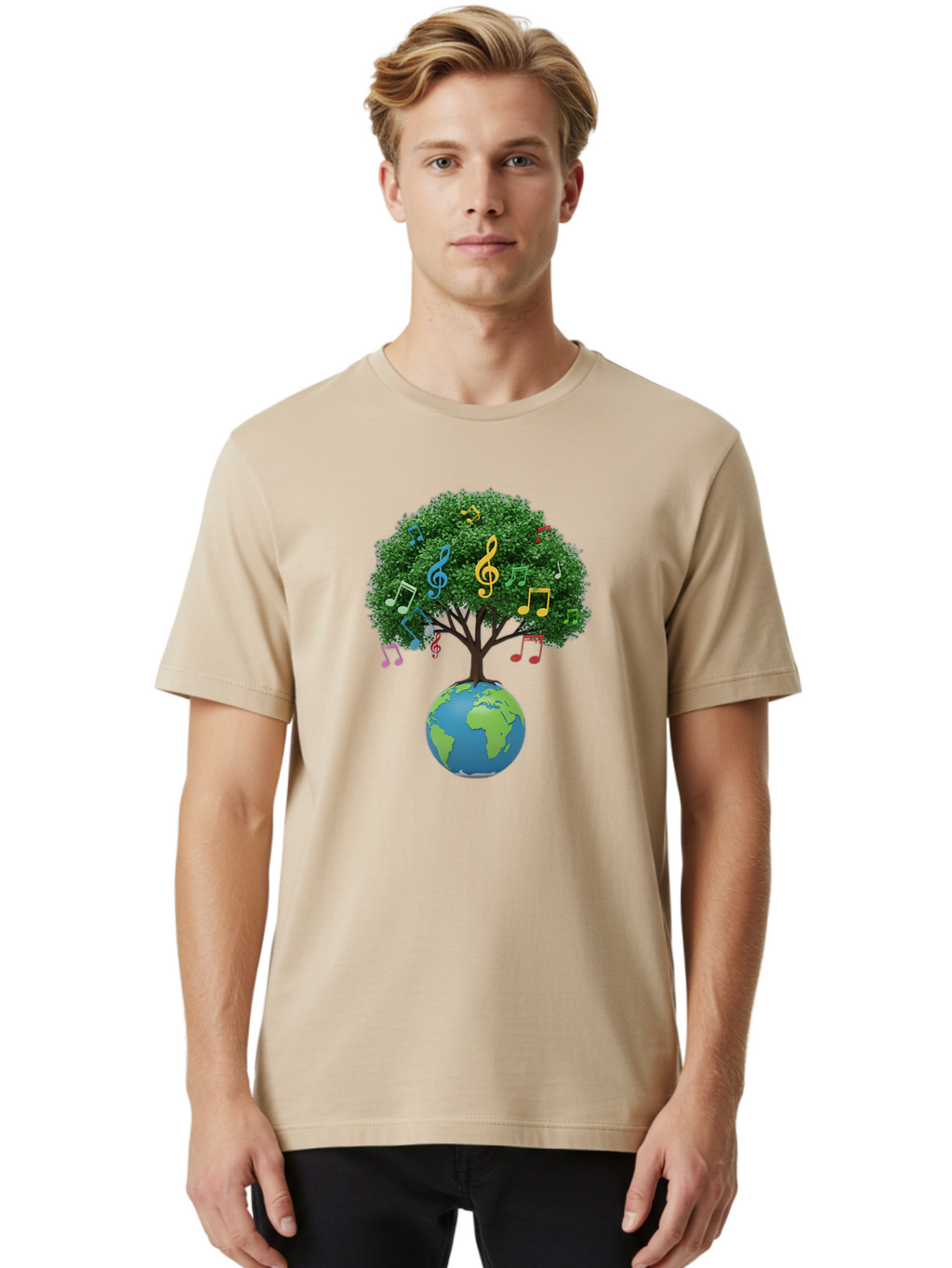 Tree-Of-Music Men'S Graphic Tee, 100% Cotton, Comfortable Casual Summer Wear, Machine Washable, Tree Growing Out Of The Earth, Global Unity, Music Notes, Treble Clefs, Harmony, World Music, Cultural Diversity, Environmentalism, Bab548