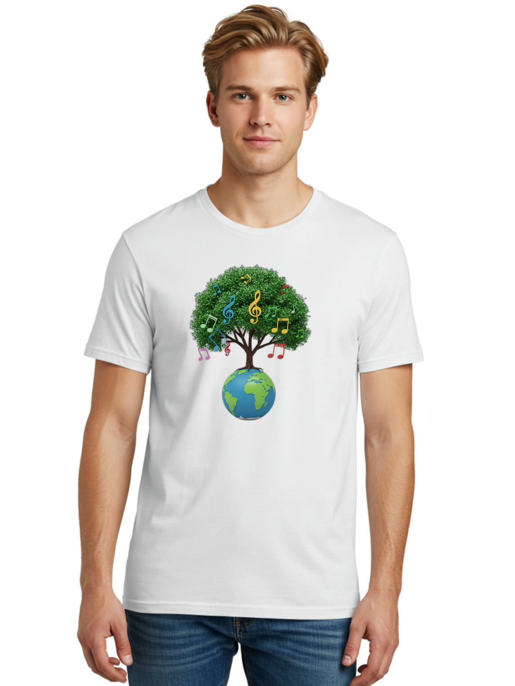Tree-Of-Music Men'S Graphic Tee, 100% Cotton, Comfortable Casual Summer Wear, Machine Washable, Tree Growing Out Of The Earth, Global Unity, Music Notes, Treble Clefs, Harmony, World Music, Cultural Diversity, Environmentalism, Bab548