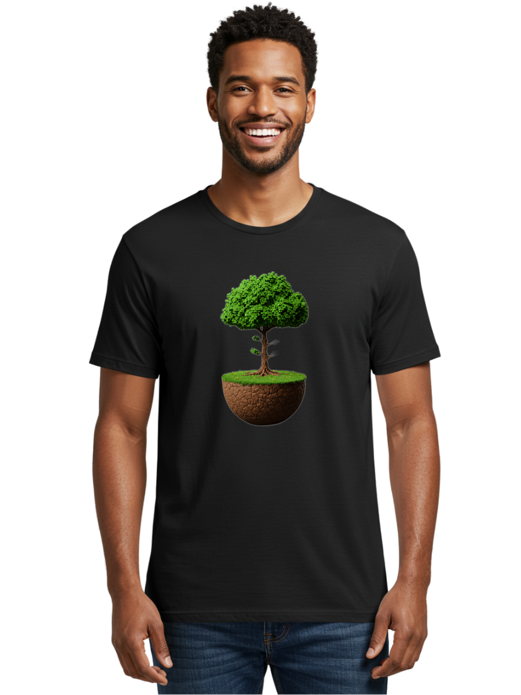 Tree-On-Soil Men'S Graphic Tee, 100% Cotton, Comfortable Casual Summer Wear, Machine Washable, Tree On A Mound Of Soil, Cracked Earth, Lush Foliage, Earthy Tones, 3D Rendering, Digital Art, Environmental Theme, Natural Scenery, Bab549