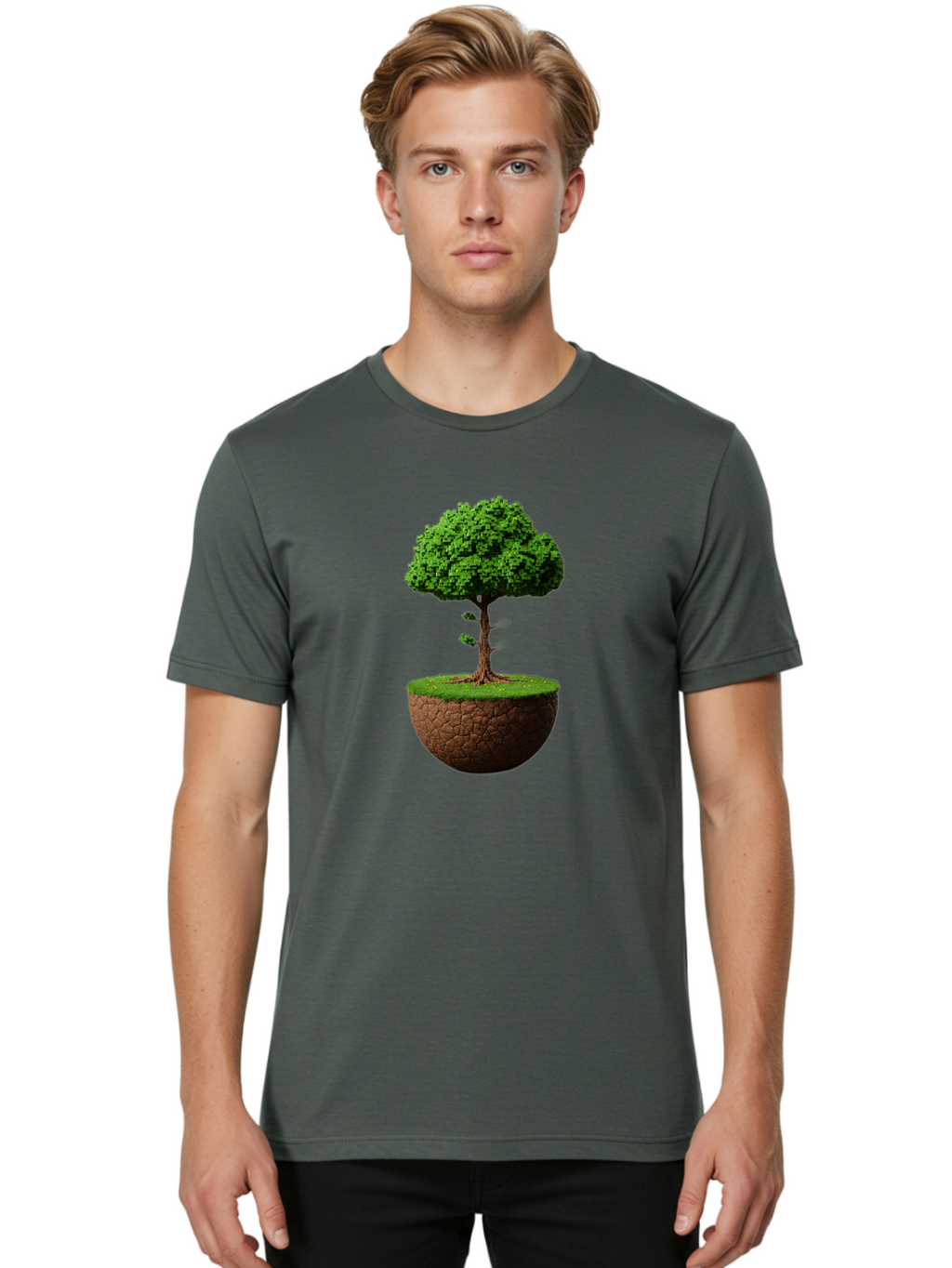 Tree-On-Soil Men'S Graphic Tee, 100% Cotton, Comfortable Casual Summer Wear, Machine Washable, Tree On A Mound Of Soil, Cracked Earth, Lush Foliage, Earthy Tones, 3D Rendering, Digital Art, Environmental Theme, Natural Scenery, Bab549