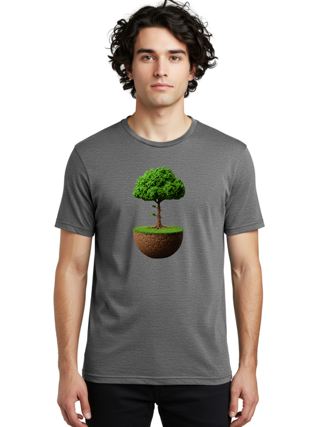 Tree-On-Soil Men'S Graphic Tee, 100% Cotton, Comfortable Casual Summer Wear, Machine Washable, Tree On A Mound Of Soil, Cracked Earth, Lush Foliage, Earthy Tones, 3D Rendering, Digital Art, Environmental Theme, Natural Scenery, Bab549