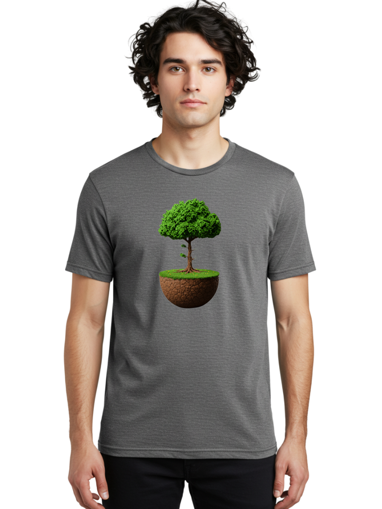 Tree-On-Soil Men'S Graphic Tee, 100% Cotton, Comfortable Casual Summer Wear, Machine Washable, Tree On A Mound Of Soil, Cracked Earth, Lush Foliage, Earthy Tones, 3D Rendering, Digital Art, Environmental Theme, Natural Scenery, Bab549