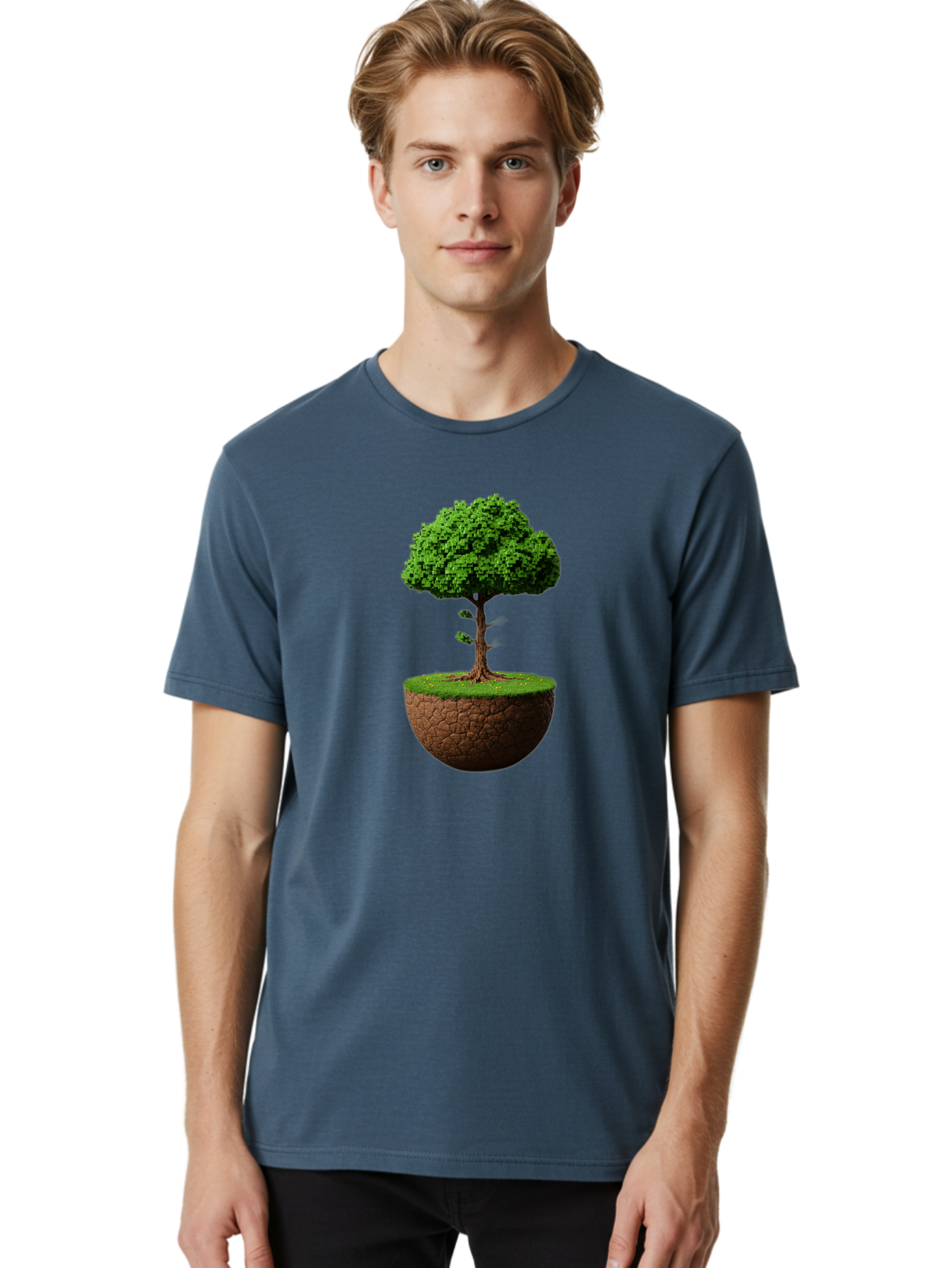 Tree-On-Soil Men'S Graphic Tee, 100% Cotton, Comfortable Casual Summer Wear, Machine Washable, Tree On A Mound Of Soil, Cracked Earth, Lush Foliage, Earthy Tones, 3D Rendering, Digital Art, Environmental Theme, Natural Scenery, Bab549