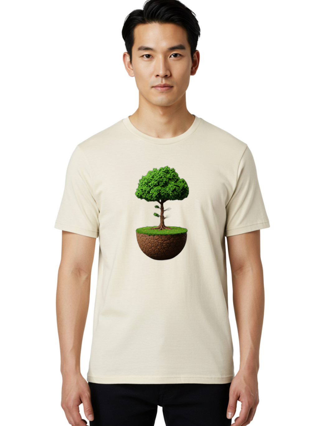 Tree-On-Soil Men'S Graphic Tee, 100% Cotton, Comfortable Casual Summer Wear, Machine Washable, Tree On A Mound Of Soil, Cracked Earth, Lush Foliage, Earthy Tones, 3D Rendering, Digital Art, Environmental Theme, Natural Scenery, Bab549