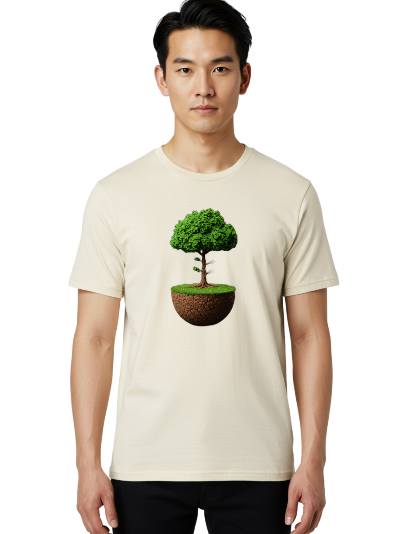 Tree-On-Soil Men'S Graphic Tee, 100% Cotton, Comfortable Casual Summer Wear, Machine Washable, Tree On A Mound Of Soil, Cracked Earth, Lush Foliage, Earthy Tones, 3D Rendering, Digital Art, Environmental Theme, Natural Scenery, Bab549