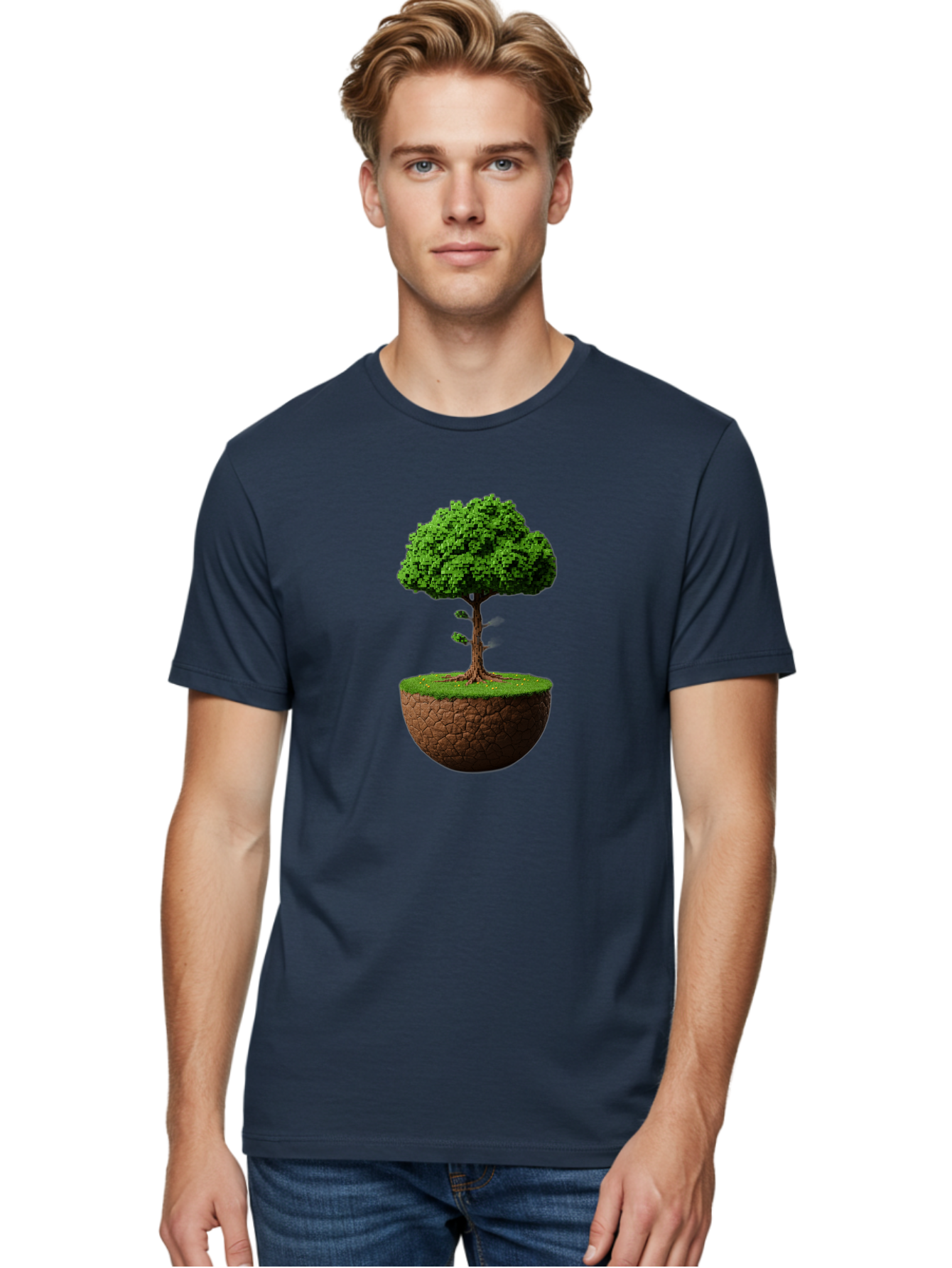 Tree-On-Soil Men'S Graphic Tee, 100% Cotton, Comfortable Casual Summer Wear, Machine Washable, Tree On A Mound Of Soil, Cracked Earth, Lush Foliage, Earthy Tones, 3D Rendering, Digital Art, Environmental Theme, Natural Scenery, Bab549