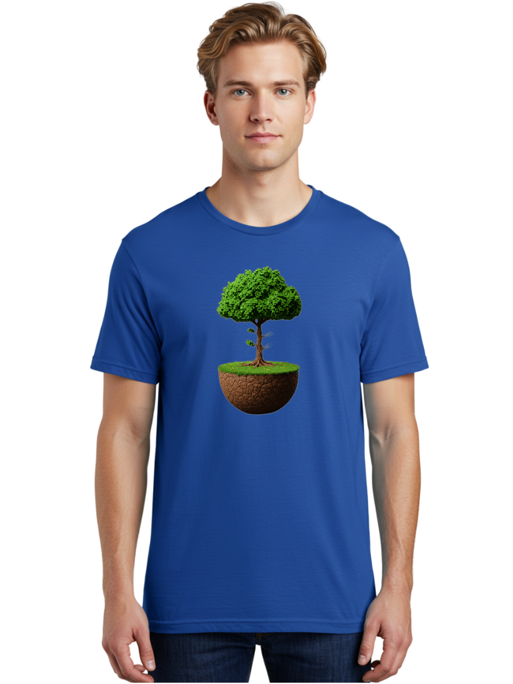 Tree-On-Soil Men'S Graphic Tee, 100% Cotton, Comfortable Casual Summer Wear, Machine Washable, Tree On A Mound Of Soil, Cracked Earth, Lush Foliage, Earthy Tones, 3D Rendering, Digital Art, Environmental Theme, Natural Scenery, Bab549