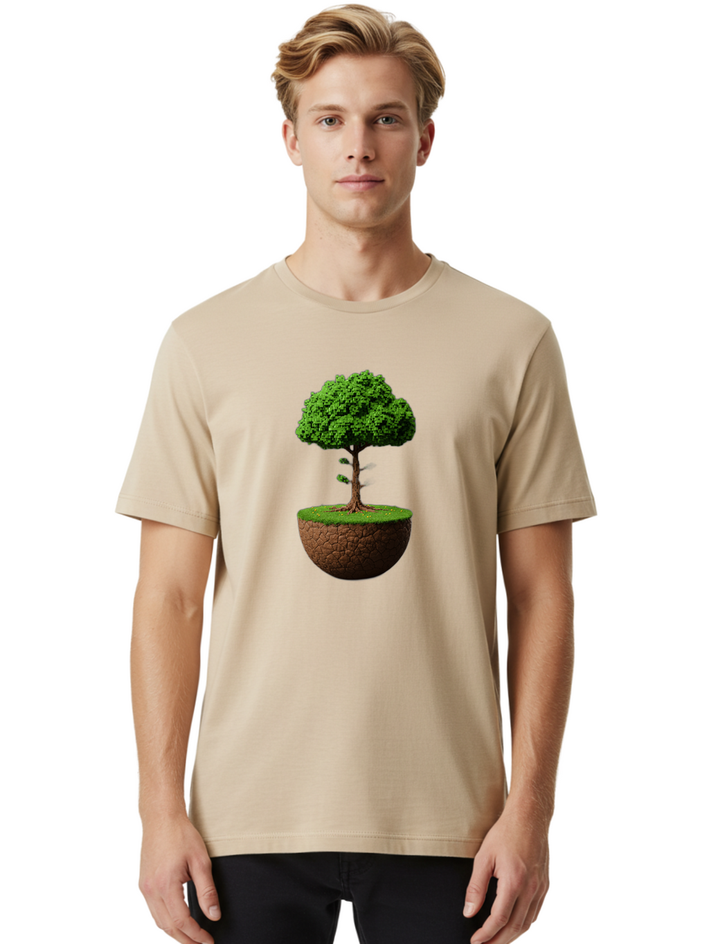 Tree-On-Soil Men'S Graphic Tee, 100% Cotton, Comfortable Casual Summer Wear, Machine Washable, Tree On A Mound Of Soil, Cracked Earth, Lush Foliage, Earthy Tones, 3D Rendering, Digital Art, Environmental Theme, Natural Scenery, Bab549