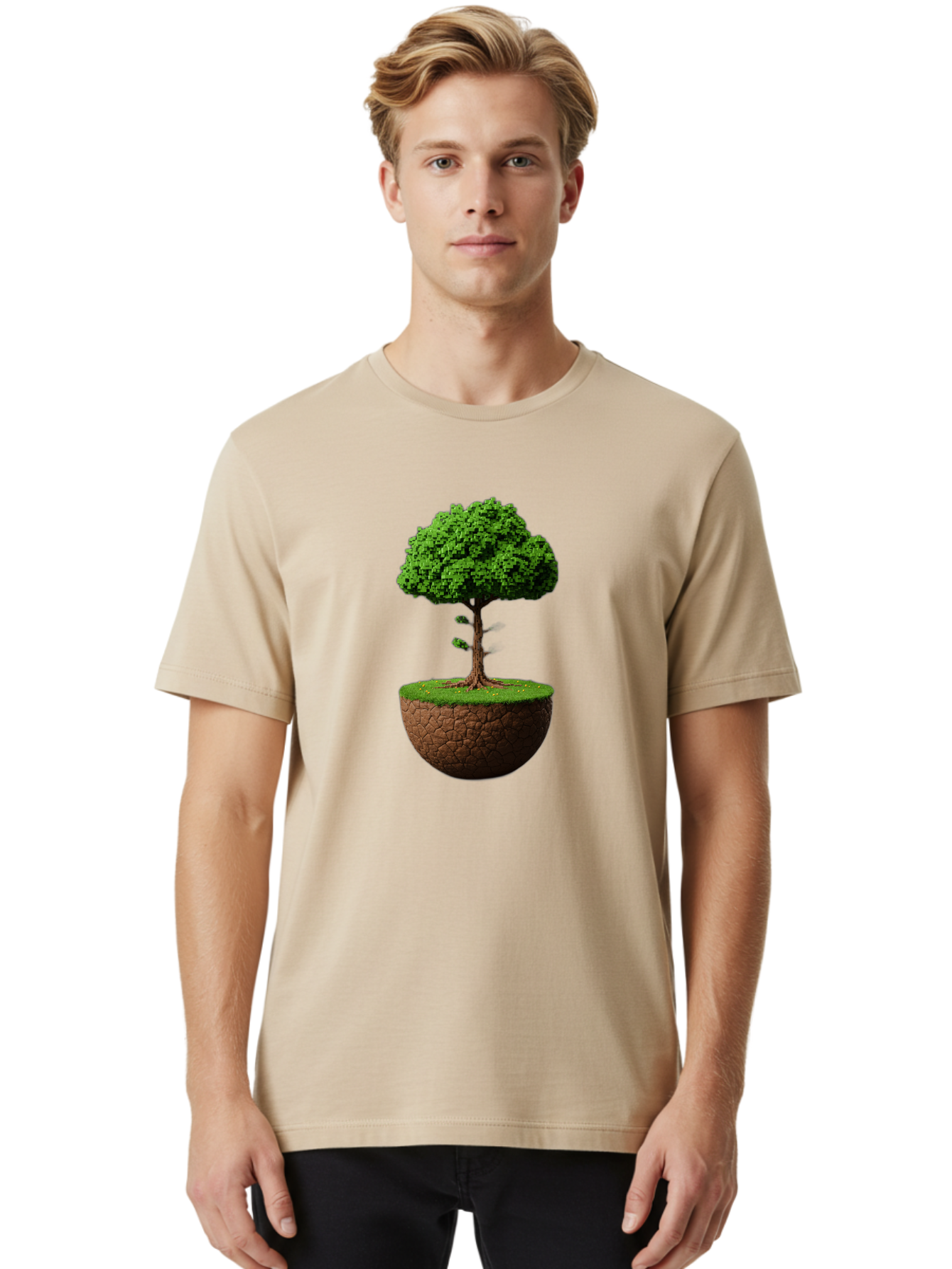 Tree-On-Soil Men'S Graphic Tee, 100% Cotton, Comfortable Casual Summer Wear, Machine Washable, Tree On A Mound Of Soil, Cracked Earth, Lush Foliage, Earthy Tones, 3D Rendering, Digital Art, Environmental Theme, Natural Scenery, Bab549