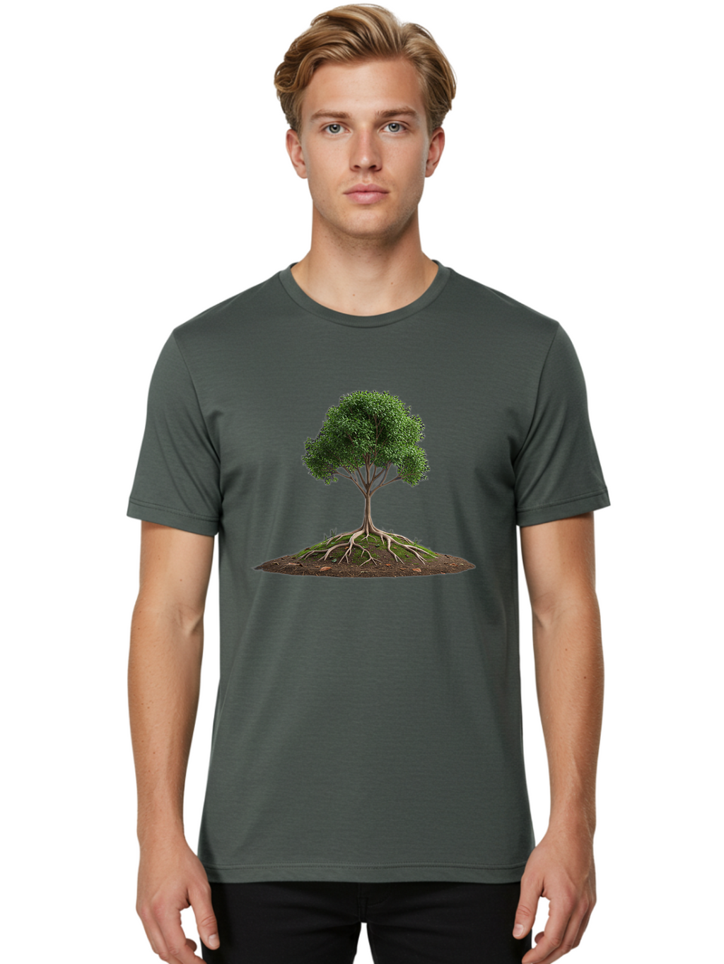Tree-With-Exposed-Roots Men'S Graphic Tee, 100% Cotton, Comfortable Casual Summer Wear, Machine Washable, Tree With Exposed Roots, Green Leaves, Earthy Tones, Natural Scenery, Outdoor Landscape, Growth, Foliage, Branches, Trunk, Sprouts Bab550