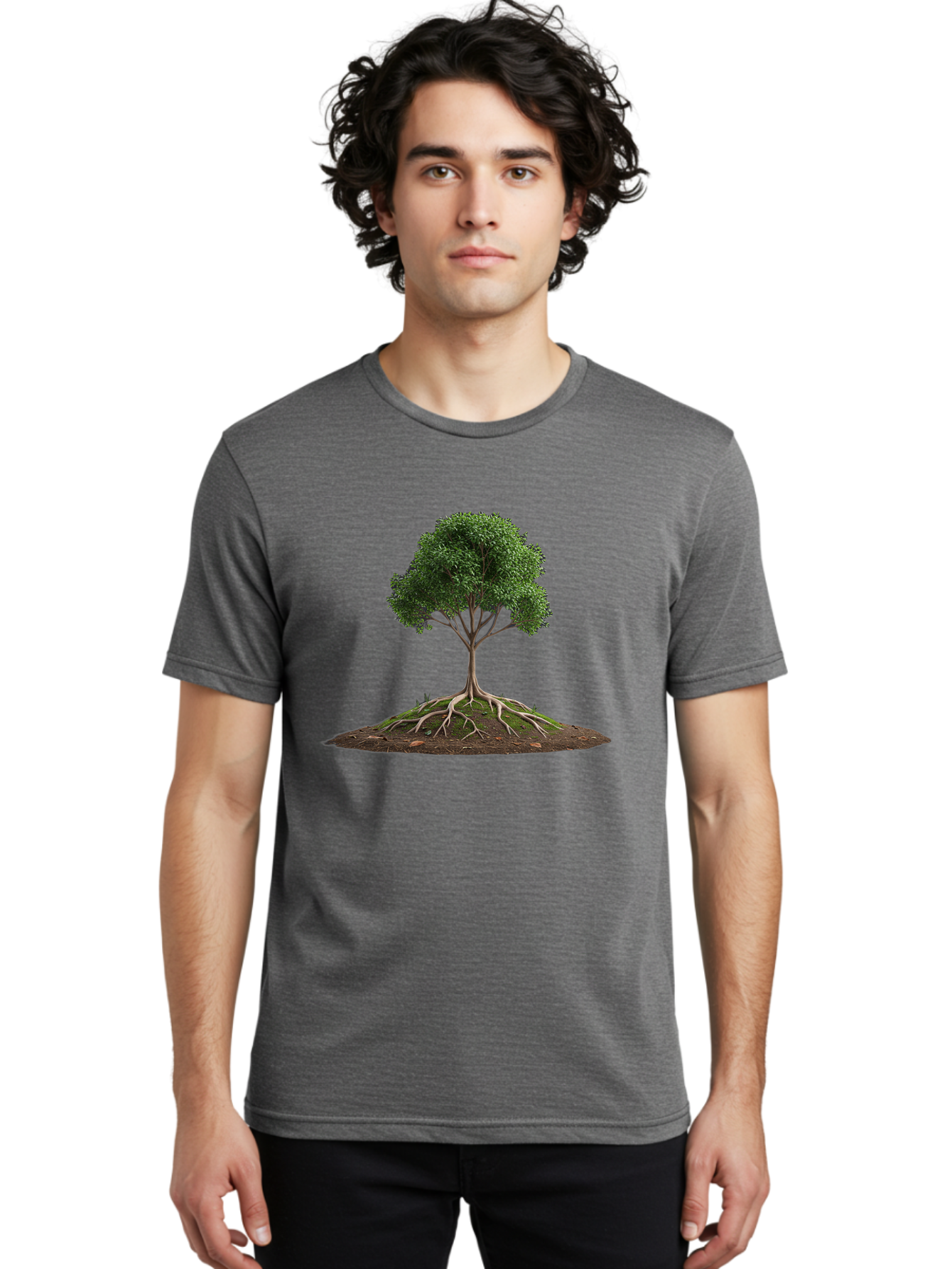 Tree-With-Exposed-Roots Men'S Graphic Tee, 100% Cotton, Comfortable Casual Summer Wear, Machine Washable, Tree With Exposed Roots, Green Leaves, Earthy Tones, Natural Scenery, Outdoor Landscape, Growth, Foliage, Branches, Trunk, Sprouts Bab550