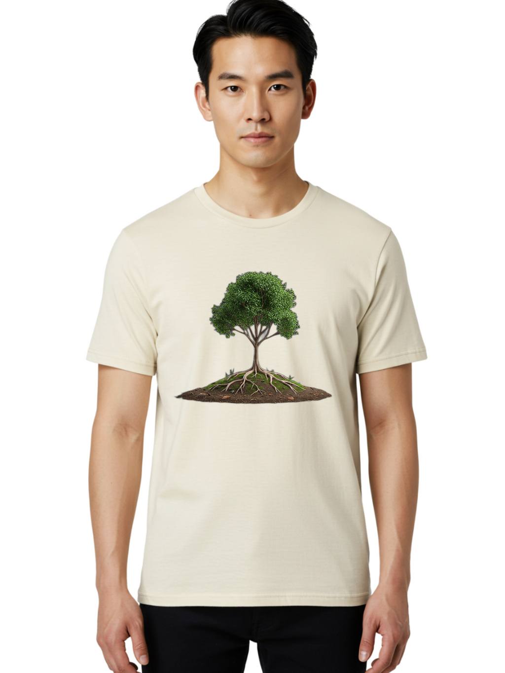 Tree-With-Exposed-Roots Men'S Graphic Tee, 100% Cotton, Comfortable Casual Summer Wear, Machine Washable, Tree With Exposed Roots, Green Leaves, Earthy Tones, Natural Scenery, Outdoor Landscape, Growth, Foliage, Branches, Trunk, Sprouts Bab550