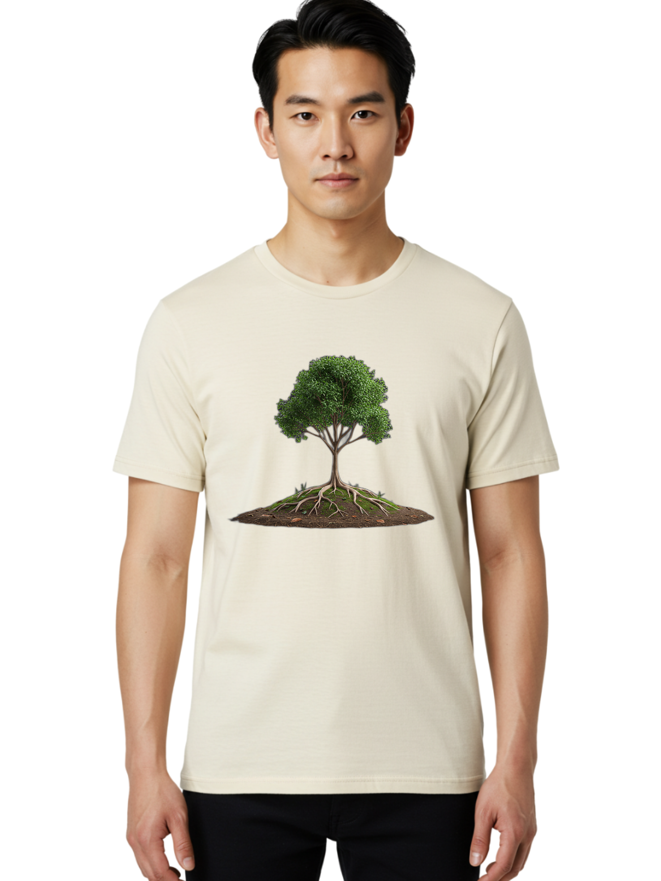 Tree-With-Exposed-Roots Men'S Graphic Tee, 100% Cotton, Comfortable Casual Summer Wear, Machine Washable, Tree With Exposed Roots, Green Leaves, Earthy Tones, Natural Scenery, Outdoor Landscape, Growth, Foliage, Branches, Trunk, Sprouts Bab550