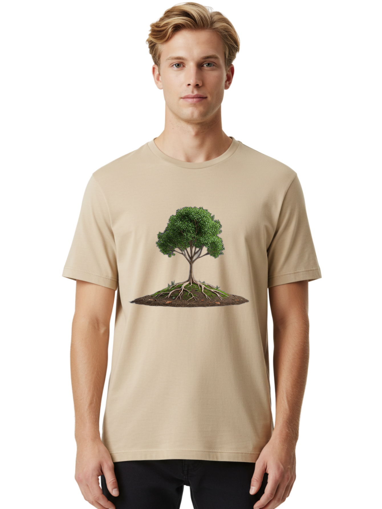Tree-With-Exposed-Roots Men'S Graphic Tee, 100% Cotton, Comfortable Casual Summer Wear, Machine Washable, Tree With Exposed Roots, Green Leaves, Earthy Tones, Natural Scenery, Outdoor Landscape, Growth, Foliage, Branches, Trunk, Sprouts Bab550