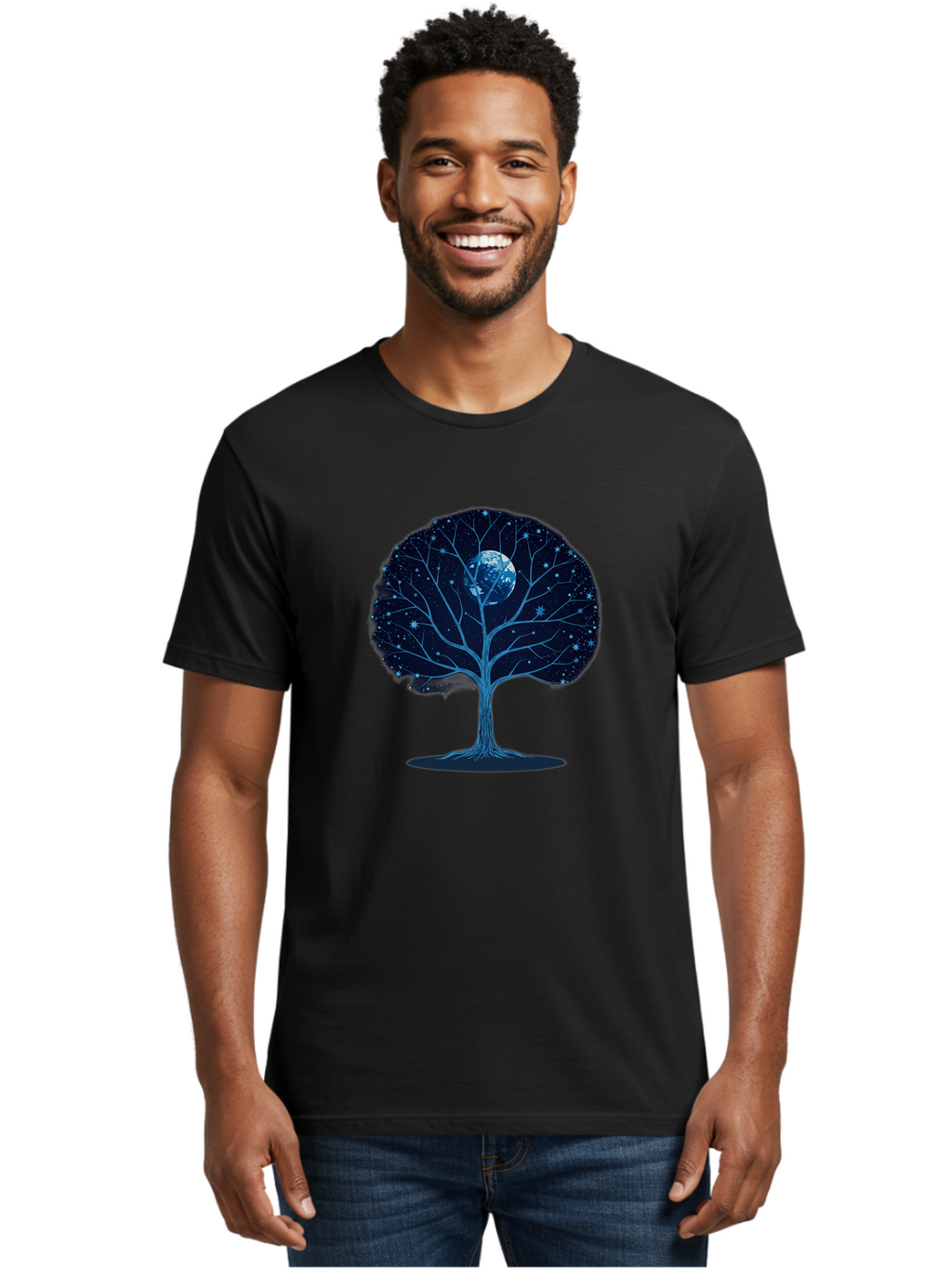 Tree-With-Moon Men'S Graphic Tee, 100% Cotton, Comfortable Casual Summer Wear, Machine Washable, Tree With Bare Branches, Full Moon In The Canopy, Night Sky, Starry Background, Spiritual Symbolism, Mystic Atmosphere, Celestial Body, Bab551